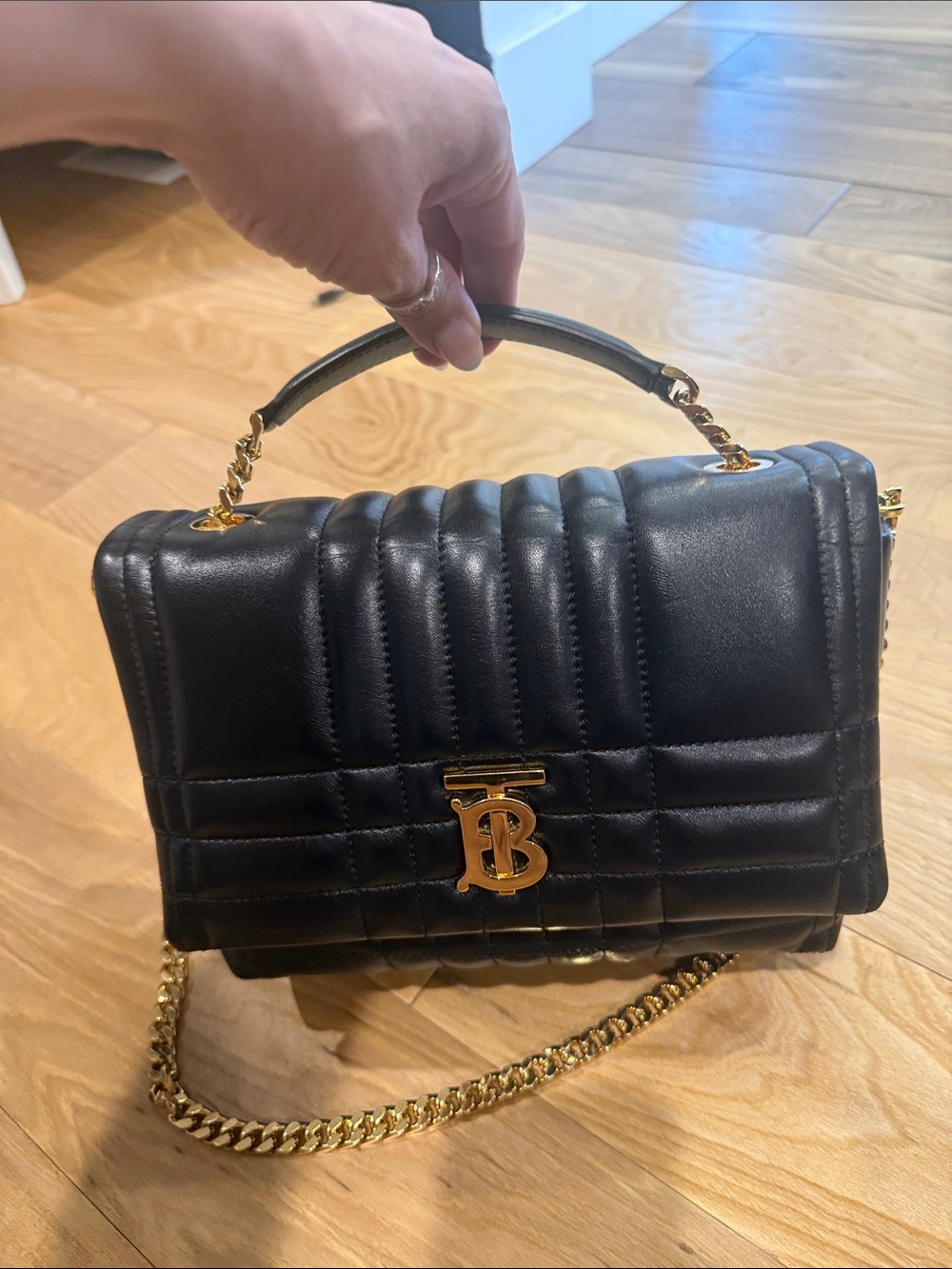 Burberry Black Quilted Leather Shoulder Bag with Gold Chain and TB Logo - Picture 13 of 15